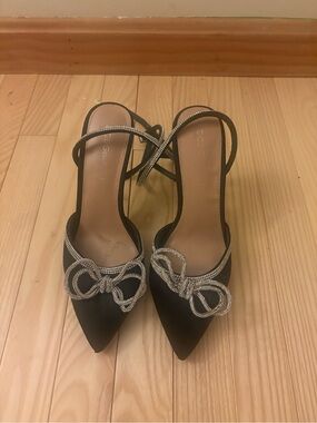 BCBG Black Satin Pointed Toe Slingbacks with Crystal Bow Trim